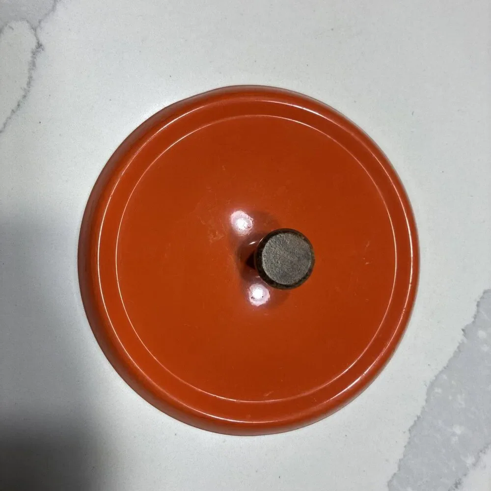 Vintage MCM Fondue Pot Orange Enamel Long Wood Handle and Lid Japan